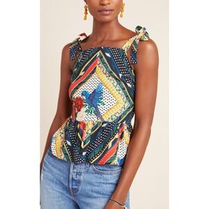 FARM Rio x Anthropologie Carmen Peplum Parrot Print Tie-Shoulder Blouse Top XL